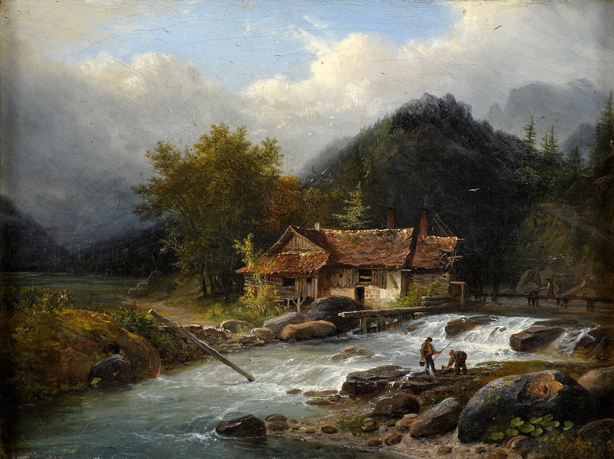 Watermill on the mountain stream, vintage artwork by Louis Etienne Watelet, 12x8" (A4) Poster