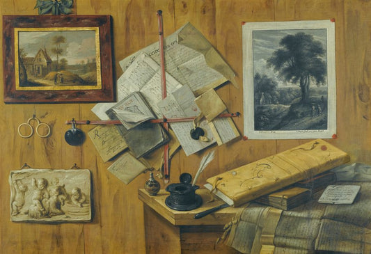 Trompe-l'oeil with Letters and Books, vintage artwork by Jean Le Motte, 12x8" (A4) Poster