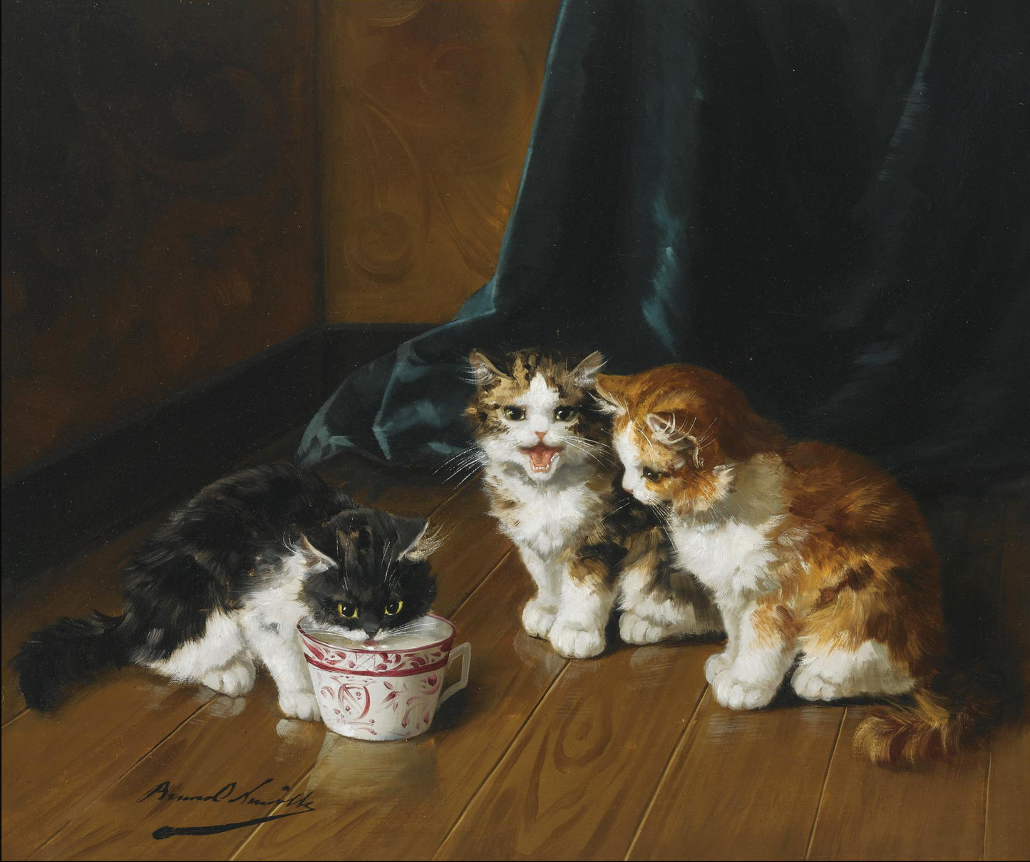 drinking kittens, vintage artwork by Alfred Brunel de Neuville, 12x8" (A4) Poster