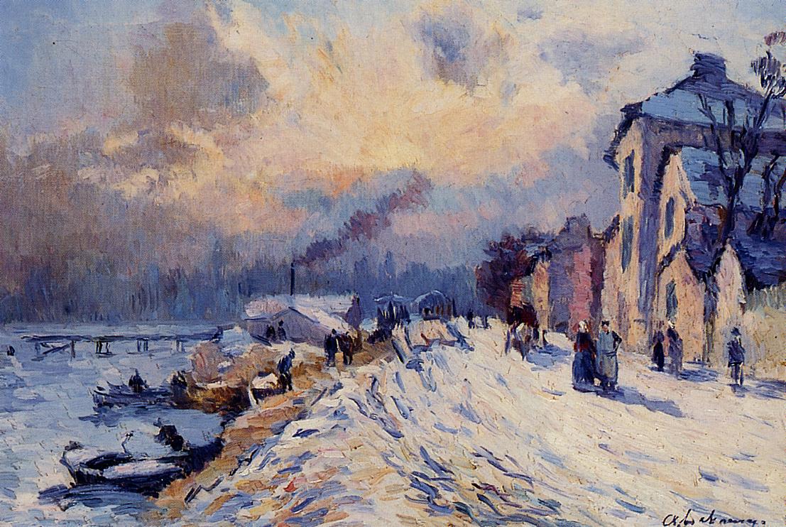 Banks of the Seine, Winter at Herblay, vintage artwork by Albert Lebourg, 12x8" (A4) Poster