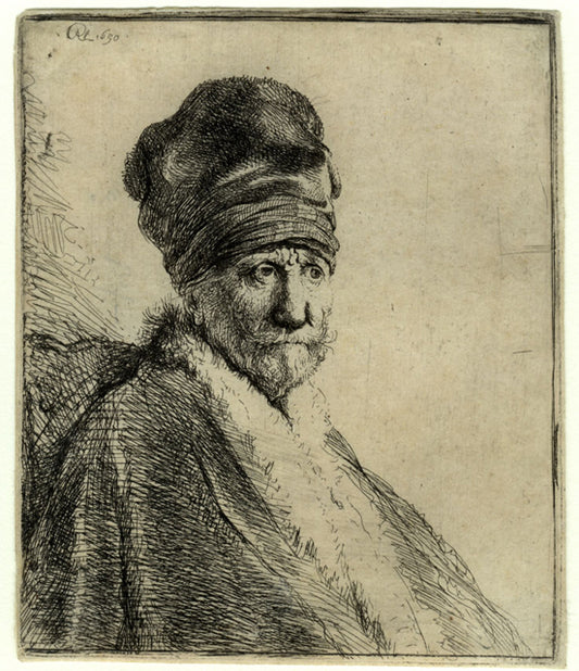 Bust of a Man Wearing a High Cap - the Artist's Father ?, vintage artwork by Rembrandt van Rijn, 12x8" (A4) Poster