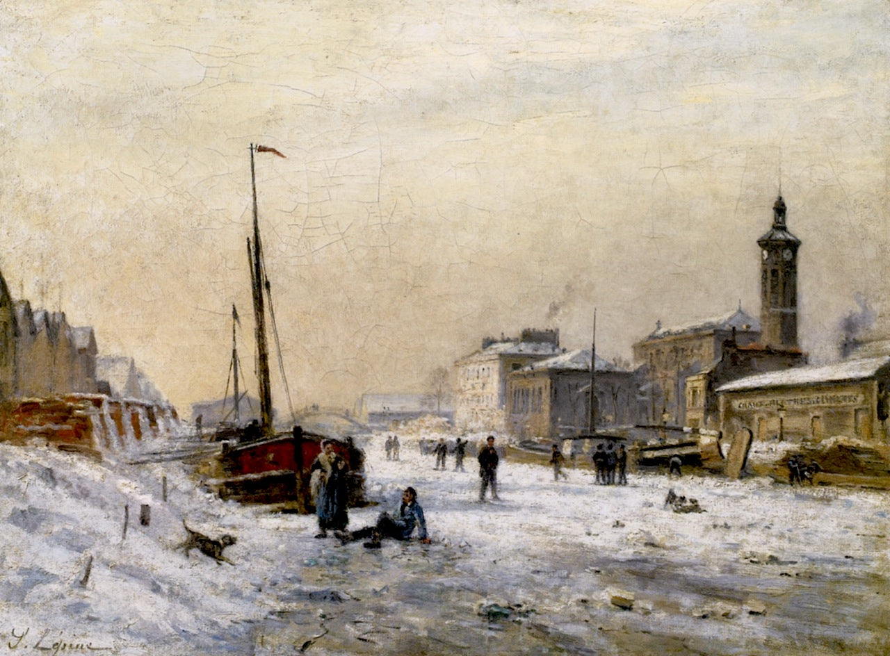 The Harbor in La Villete in Winter, vintage artwork by Stanislas Lepine, 12x8" (A4) Poster