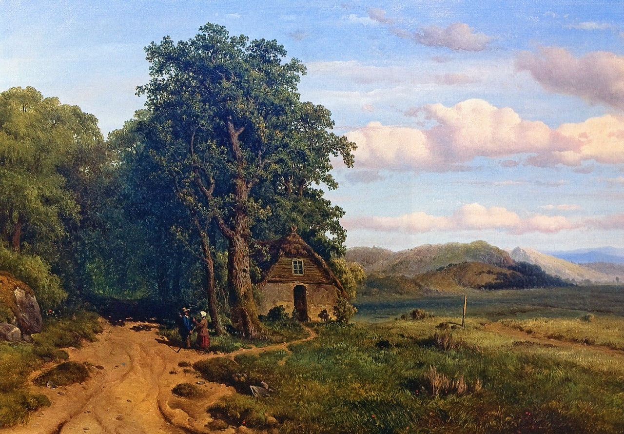 Two Figures on a Country Road Next to a Cottage, vintage artwork by Louis Remy Mignot, 12x8" (A4) Poster