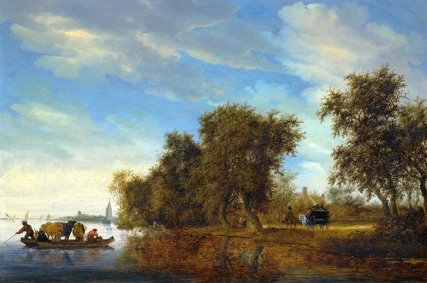 A River Landscape with a Ferry Boat, vintage artwork by Salomon van Ruysdael, 12x8" (A4) Poster