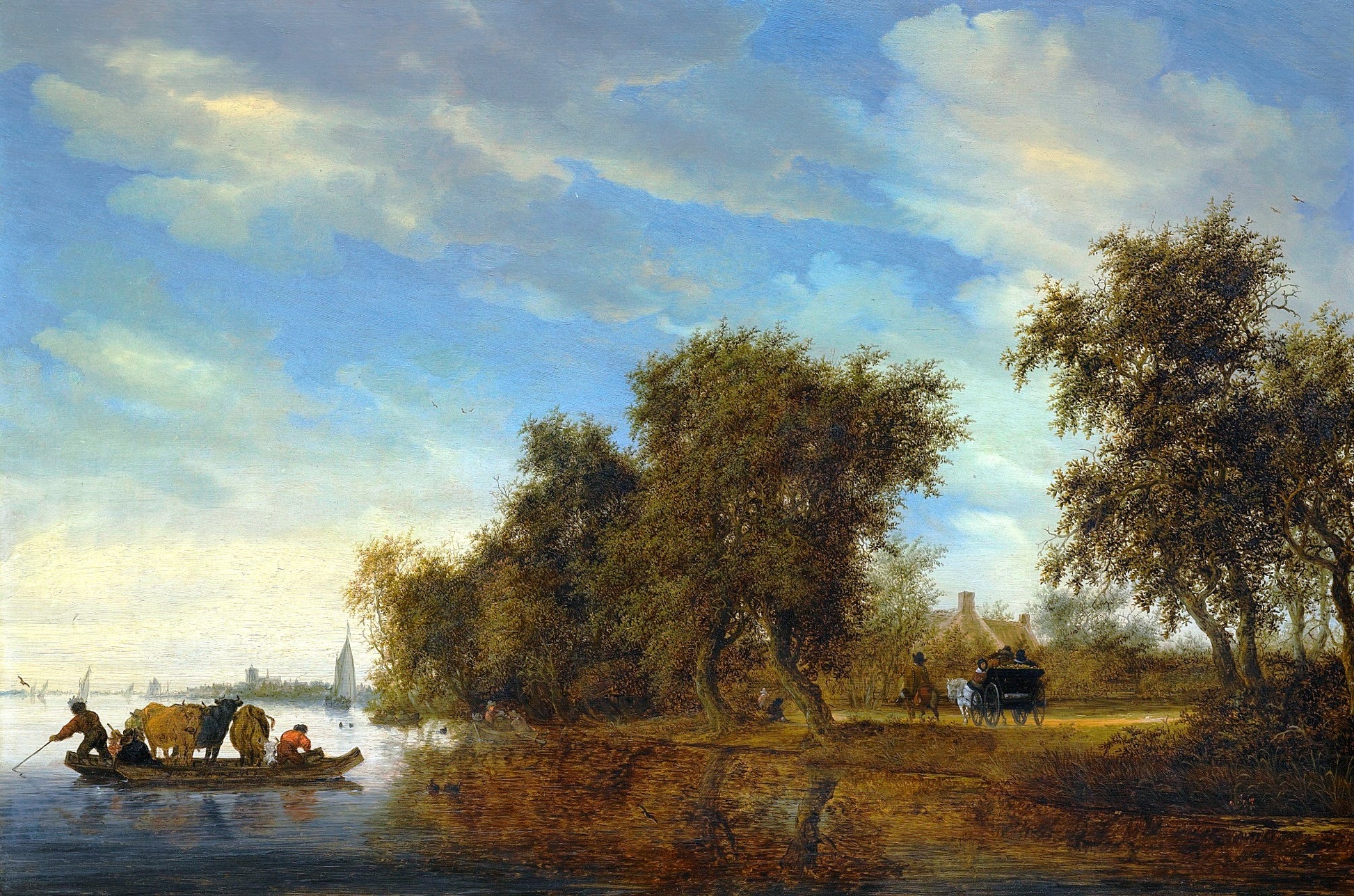 A River Landscape with a Ferry Boat, vintage artwork by Salomon van Ruysdael, 12x8" (A4) Poster