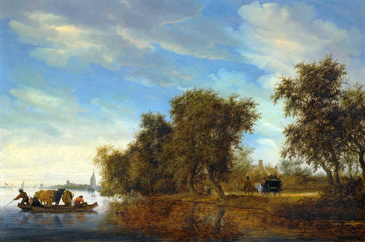 A River Landscape with a Ferry Boat, vintage artwork by Salomon van Ruysdael, 12x8" (A4) Poster