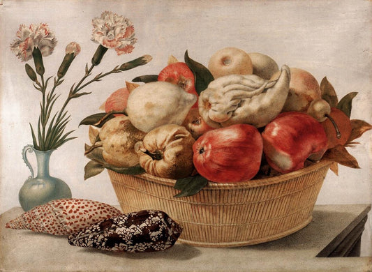 Still-Life with Vegetable, Fruit, and Flowers shells, vintage artwork by Giovanna Garzoni, 12x8" (A4) Poster