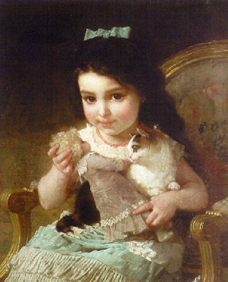 Playing with the Kitten, vintage artwork by Émile Munier, 12x8" (A4) Poster