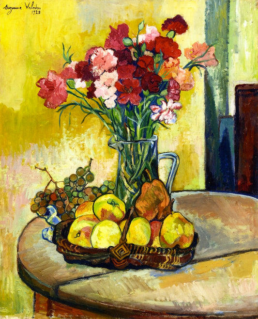 Still LIfe with Basket of Apples, Vase of Flowers and Grapes, vintage artwork by Suzanne Valadon, 12x8" (A4) Poster