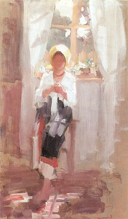 Peasant Sewing by  the Window, vintage artwork by Nicolae Grigorescu, 12x8" (A4) Poster
