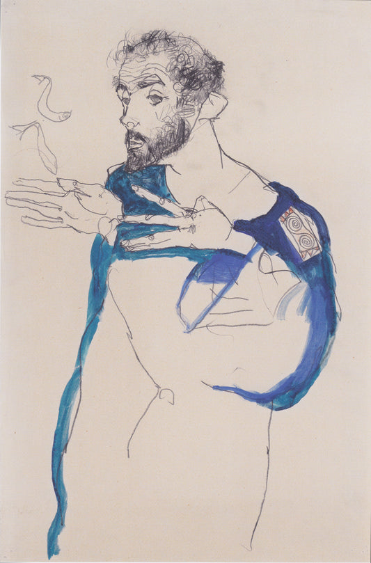 Gustav Klimt in a blue smock, vintage artwork by Egon Schiele, 12x8" (A4) Poster