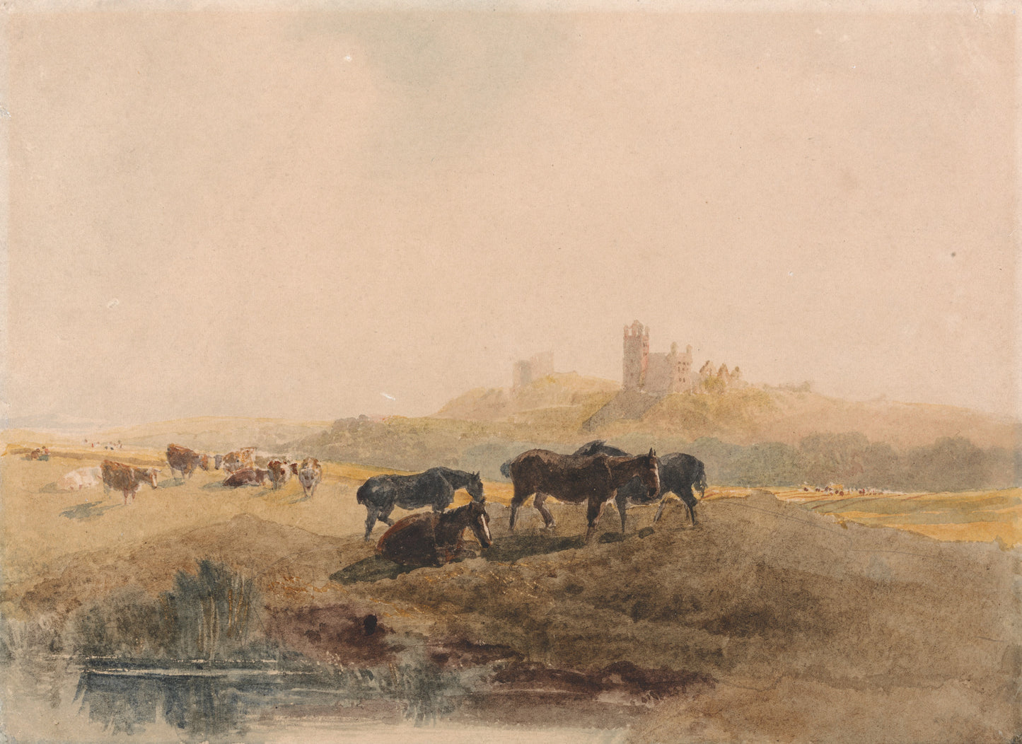 Horses Resting in a Meadow near Bolsover Castle, vintage artwork by Peter de Wint, 12x8" (A4) Poster