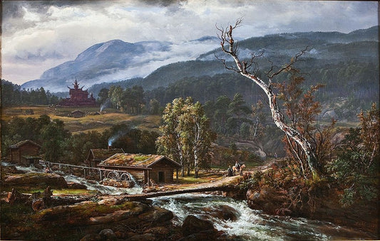 Landscape at Kaupanger with Stave Church, vintage artwork by Johan Christian Claussen Dahl, A3 (16x12") Poster Print