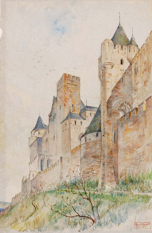 Battlements of Carcassonne, France, vintage artwork by Cass Gilbert, 12x8" (A4) Poster