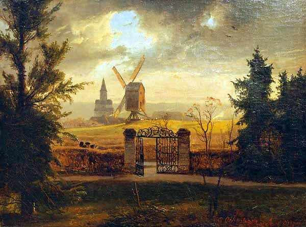Landscape with Schwarzrheindorf Church, vintage artwork by Andreas Achenbach, A3 (16x12") Poster Print