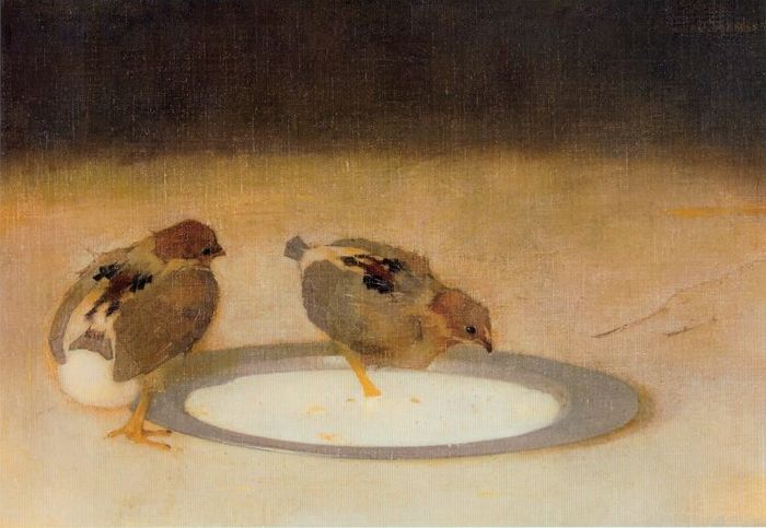 Two chicks with a tin plate, vintage artwork by Jan Mankes, 12x8" (A4) Poster