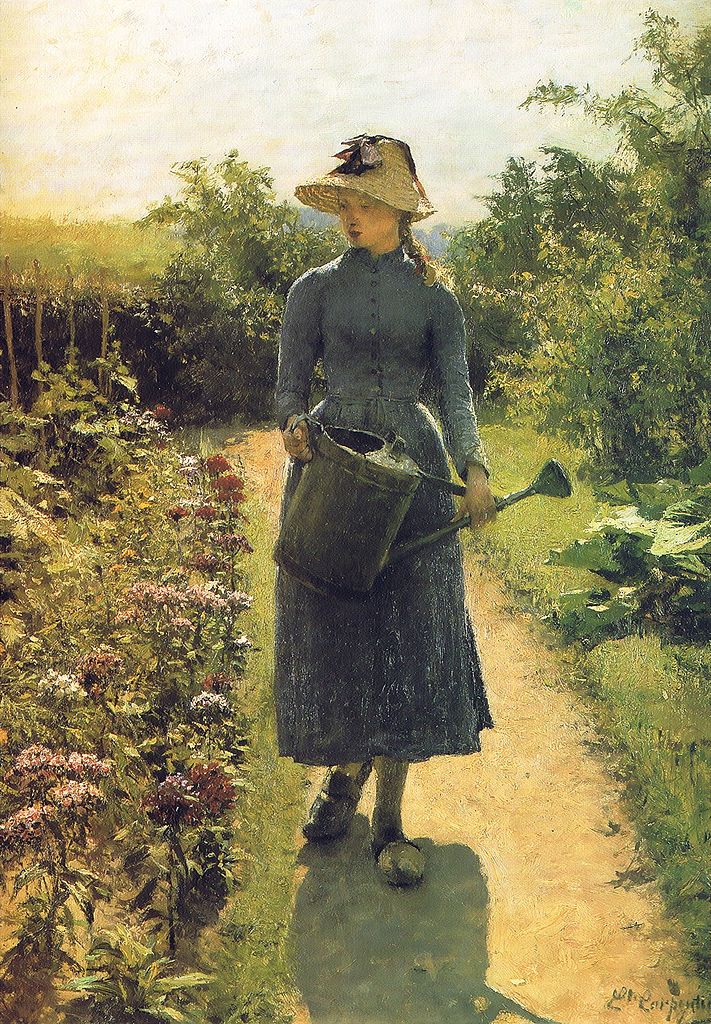 Young girl with watering can, vintage artwork by Évariste Carpentier, 12x8" (A4) Poster