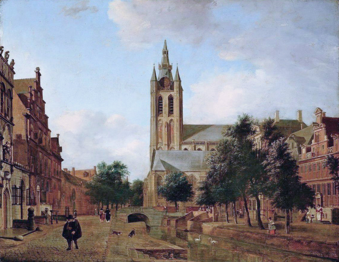 The Oude Kerk on the Oude Delft, vintage artwork by Jan van der Heyden, 12x8" (A4) Poster