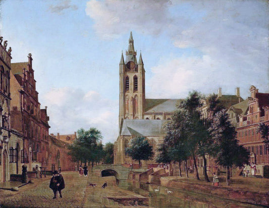 The Oude Kerk on the Oude Delft, vintage artwork by Jan van der Heyden, 12x8" (A4) Poster