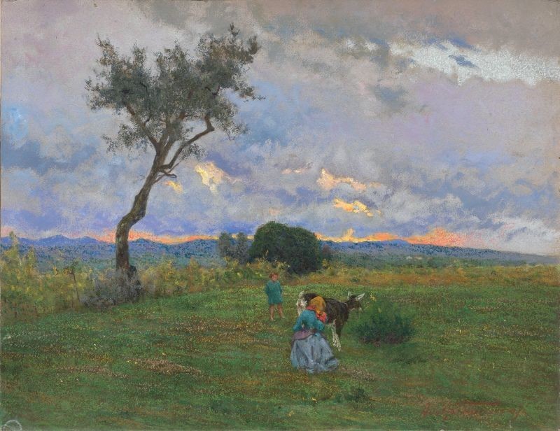 Peasant life scene at sunset by Adolfo Tommasi,A3(16x12")Poster