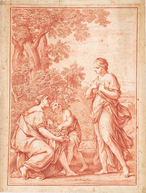 Rachel and Leah in a Landscape, vintage artwork by Marcantonio Franceschini, 12x8" (A4) Poster
