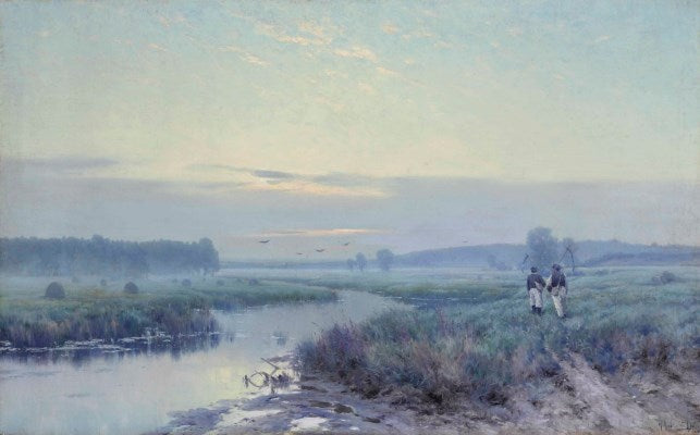 Early morning in the fields, vintage artwork by Konstantin Kryzhitsky, 12x8" (A4) Poster