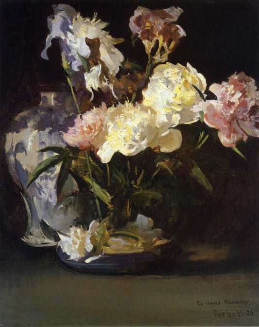 Peonies and Irises, vintage artwork by Edmund Tarbell, 12x8" (A4) Poster
