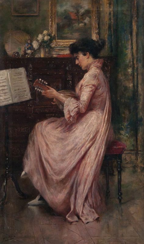 Woman with a Mandolin, vintage artwork by Eugène Joors, 12x8" (A4) Poster