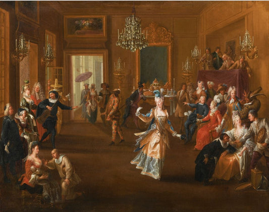 Figures in an Elegant Interior Watching an Entertainment, vintage artwork by Claude Gillot, 12x8" (A4) Poster