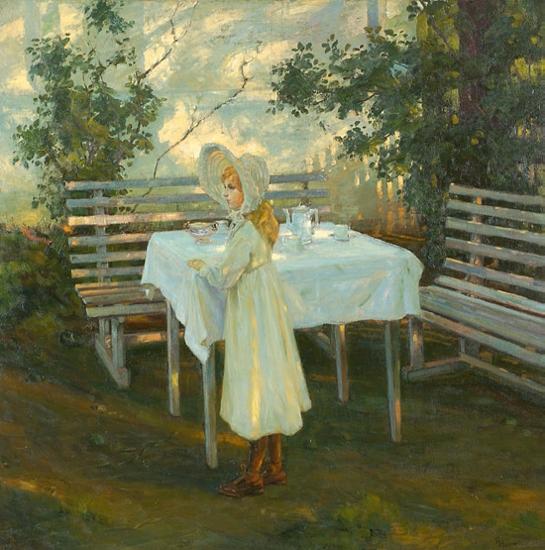 Girl at the Garden Table, vintage artwork by Thorolf Holmboe, 12x8" (A4) Poster
