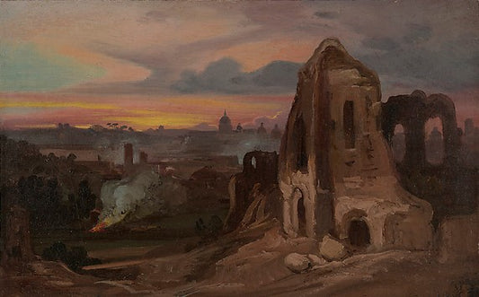 View of Rome with Ruined Church, vintage artwork by Franz Ludwig Catel, 12x8" (A4) Poster