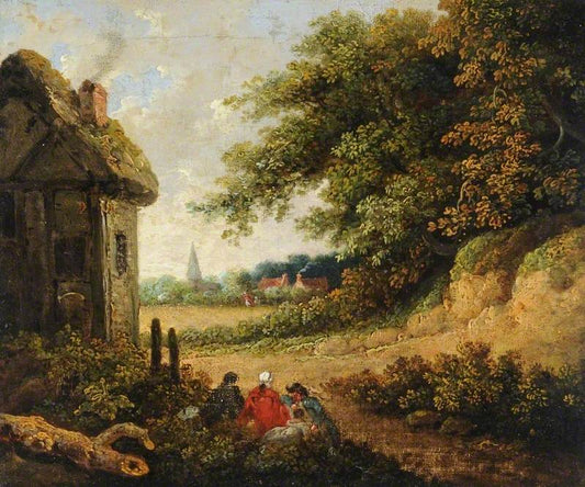 Landscape, Cottages and Figures, vintage artwork by Thomas Hand, 12x8" (A4) Poster