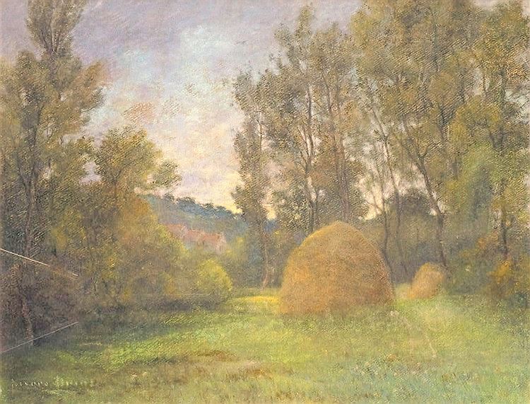 Haystacks near Village, vintage artwork by Pierre Prins, 12x8" (A4) Poster