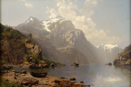 Alpine lake with a view of a mountain range, vintage artwork by Robert Schultze, 12x8" (A4) Poster