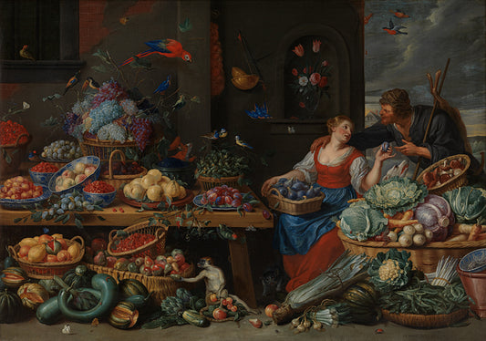 Fruit and Vegetable Market with a Young Fruit Seller, vintage artwork by Jan van Kessel the Elder, 12x8" (A4) Poster
