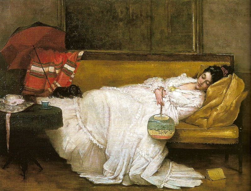 Girl in a white dress resting on a sofa, vintage artwork by Alfred Émile Leopold Stevens, 12x8" (A4) Poster