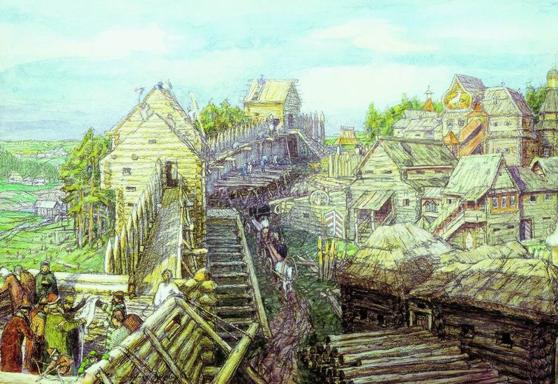 The Building of the Moscow Kremlin in the XII Century, vintage artwork by Apollinari Vasnetsov, 12x8" (A4) Poster