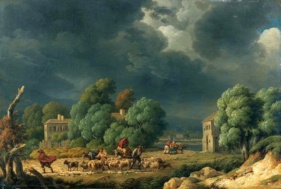 Shepherds with Flock Moving while a Storm Approaches, vintage artwork by Attributed to Cesar Van Loo, 12x8" (A4) Poster