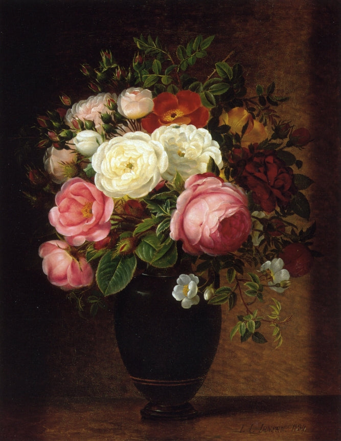 Pink and White Roses in a Black Glaze Amphora on a Brown Marble Ledge, vintage artwork by Johan Laurentz (J.L.) Jensen, A3 (16x12") Poster Print