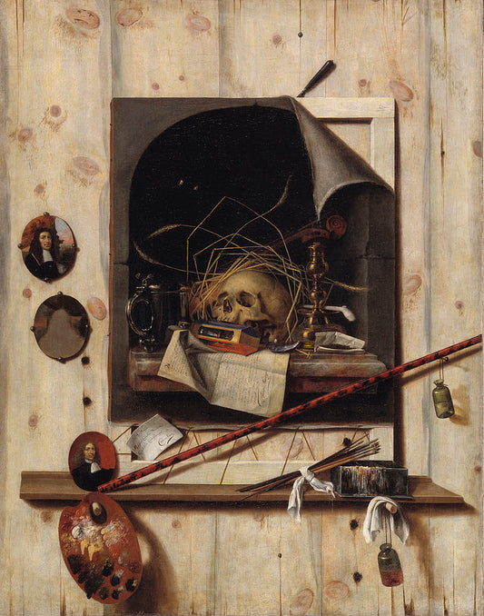 Trompe l'oeil with Studio Wall and Vanitas, vintage artwork by Cornelis Norbertus Gysbrechts, 12x8" (A4) Poster