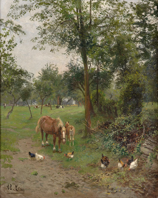 Summer Landscape with Grazing Mare and Foal, vintage artwork by Adolf Lins, 12x8" (A4) Poster