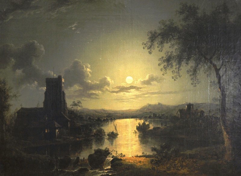 Church on a river by  moonlight, vintage artwork by Henry Pether, 12x8" (A4) Poster