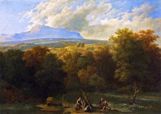 River Landscape with Anglers, vintage artwork by Adam Töpffer, 12x8" (A4) Poster