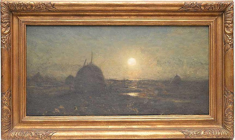 Moonlight Landscape with Haystack, vintage artwork by Dwight W. Tryon, 12x8" (A4) Poster