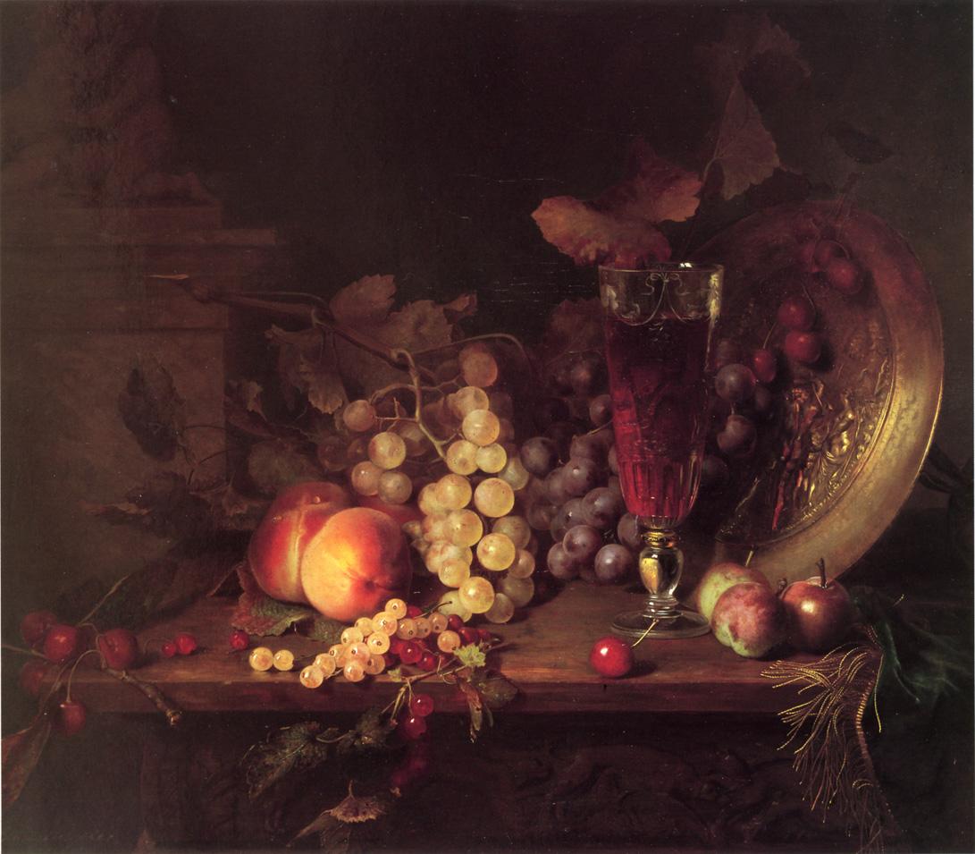Still Life with Fruit, a Glass of Wine and a Bronze Vessel on a Ledge, vintage artwork by Blaise Alexandre Desgoffe, 12x8" (A4) Poster