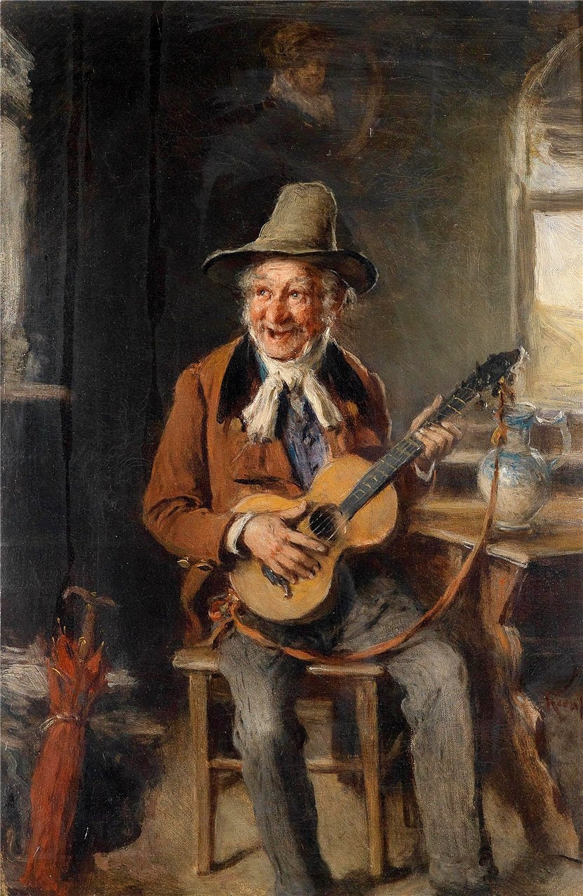 Old man with guitar, vintage artwork by Hermann Kern, 12x8" (A4) Poster