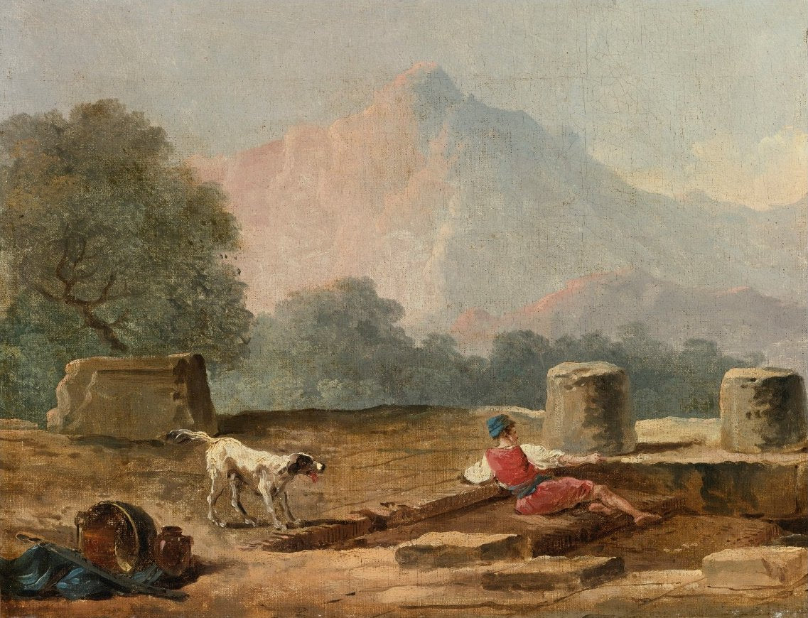 A Boy and a Dog Among Ruins, vintage artwork by Hubert Robert, 12x8" (A4) Poster