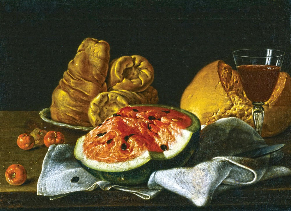 Still-life with Watermelon, Bread, Bagels and Glass, vintage artwork by Luis Melendez, 12x8" (A4) Poster