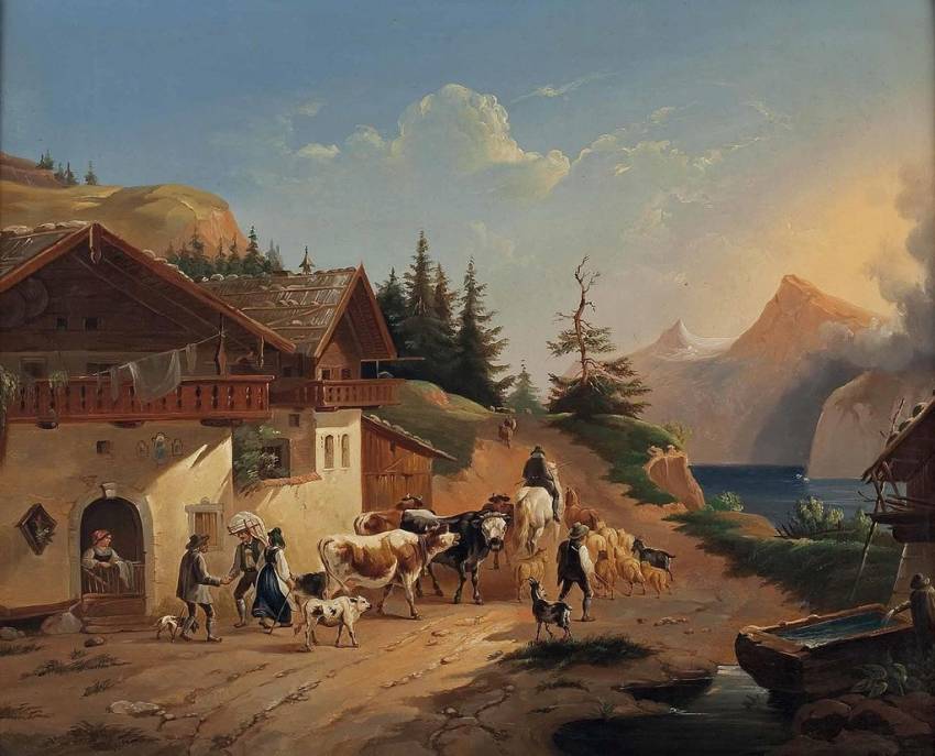 Shepherds with Cattle in Front of Farmhouse, vintage artwork by Friedrich Gauermann, A3 (16x12") Poster Print