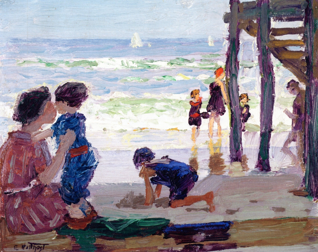 Changing for a Swim, Rockaway Pier, vintage artwork by Edward Henry Potthast, 12x8" (A4) Poster